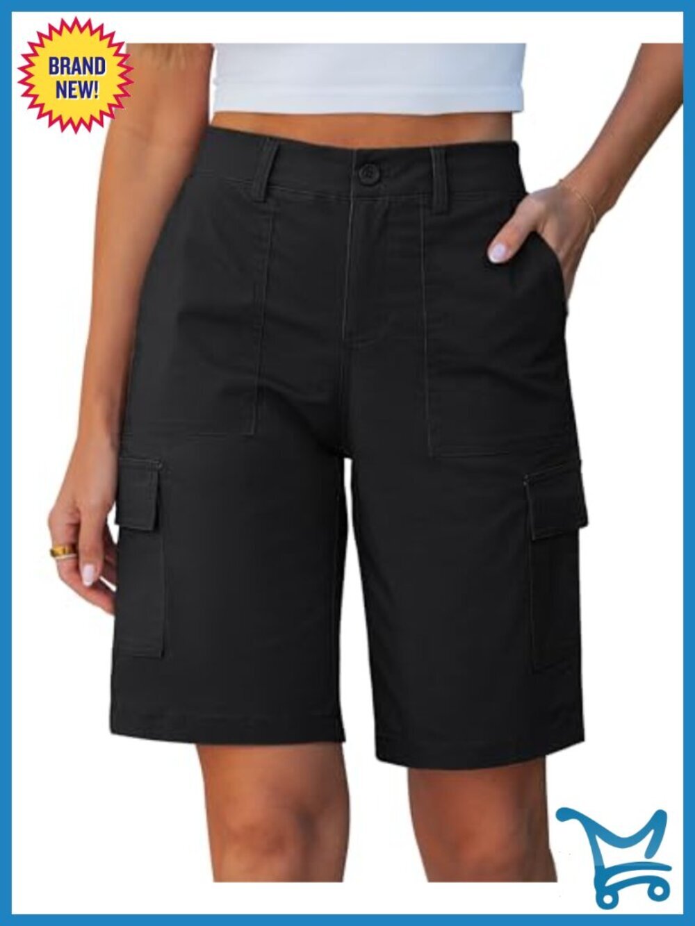 Bermuda Shorts Women Knee Length Casual Mid Rise Cargo Pockets Knit Elastic